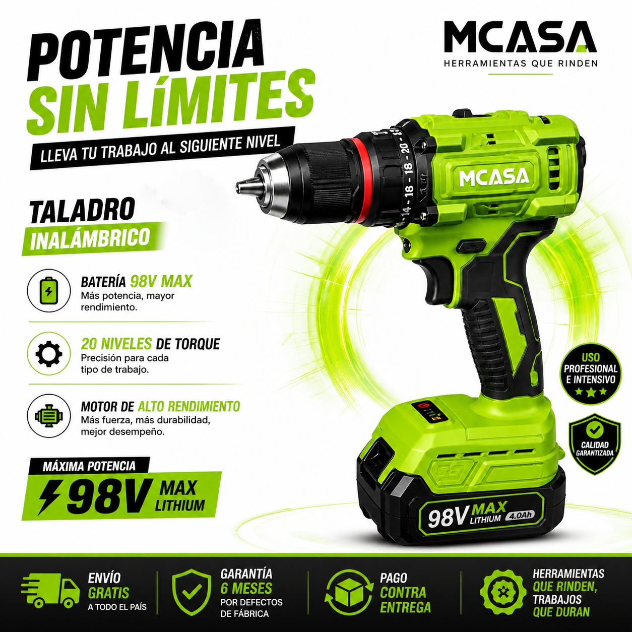 Set De 4 Herramientas Mcasa: Taladro Brushless + Esmeril angular 4.5”  + Rotomartillo Brushless + Llave de impacto 1/2” (500Nm)