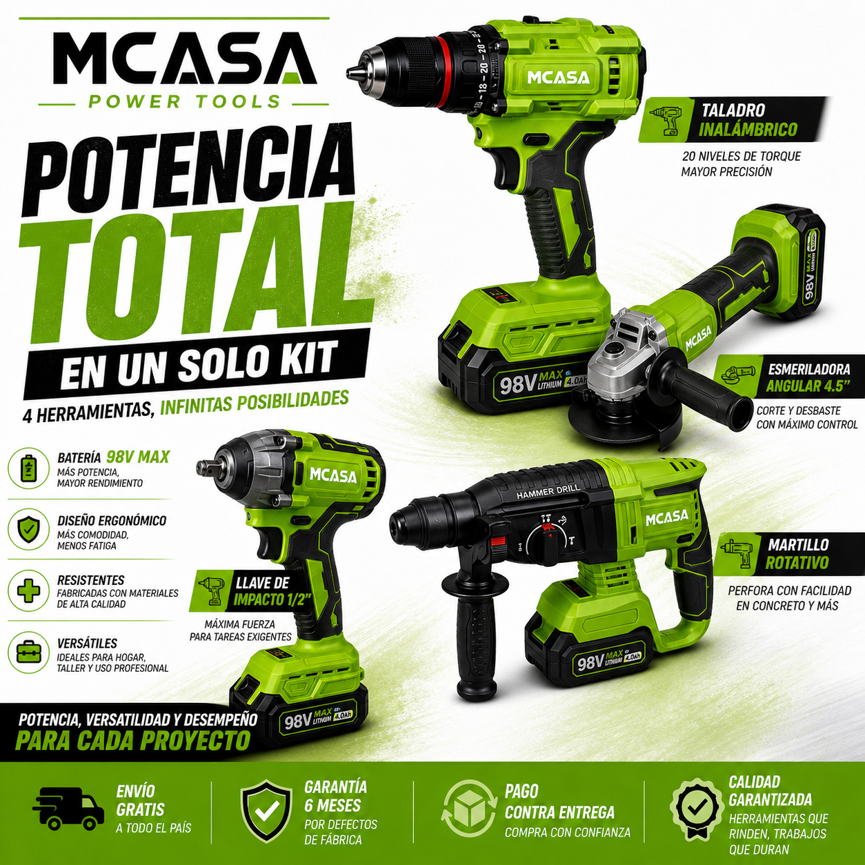 Set De 4 Herramientas Mcasa: Taladro Brushless + Esmeril angular 4.5”  + Rotomartillo Brushless + Llave de impacto 1/2” (500Nm)