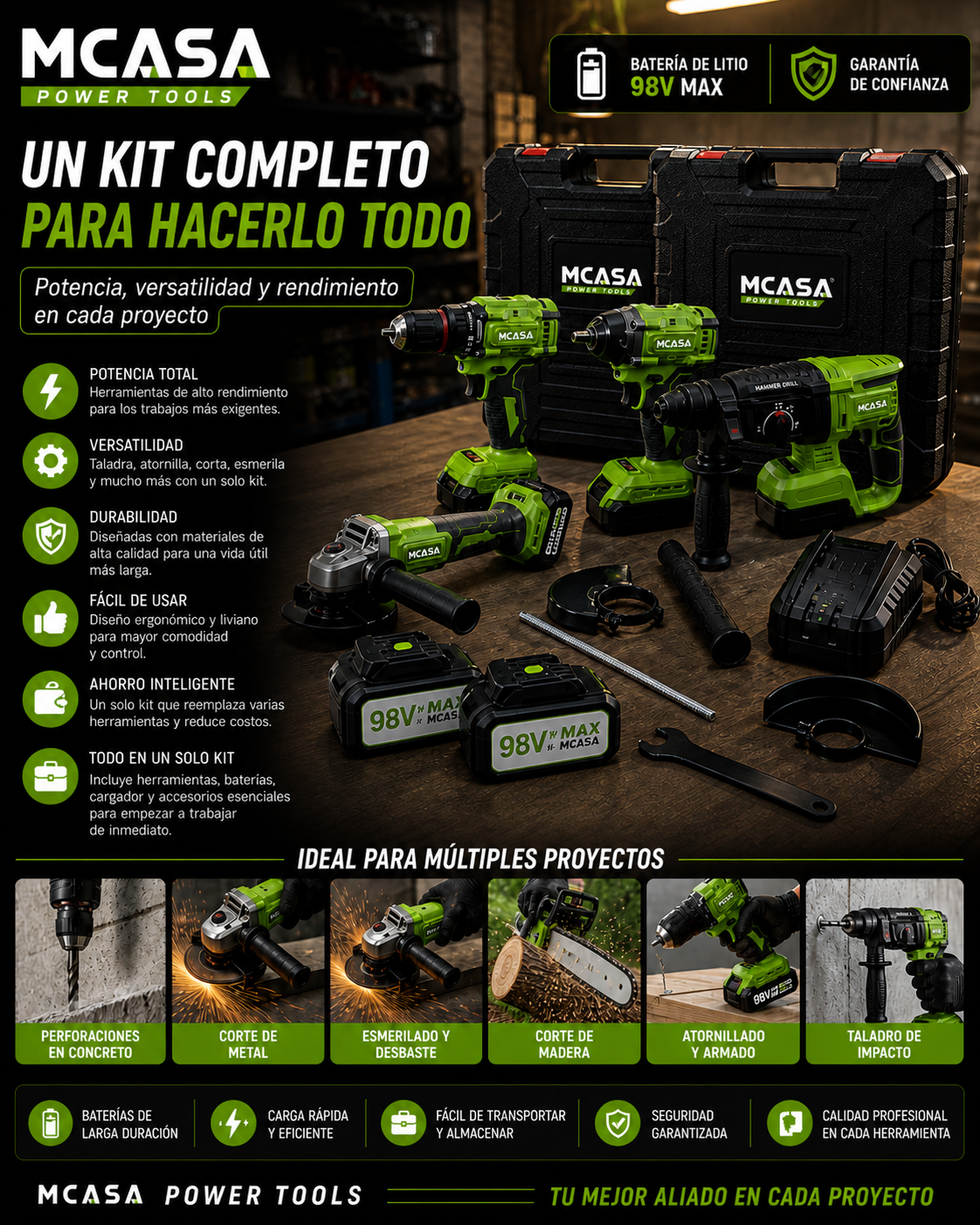 Set De 4 Herramientas Mcasa: Taladro Brushless + Esmeril angular 4.5”  + Rotomartillo Brushless + Llave de impacto 1/2” (500Nm)