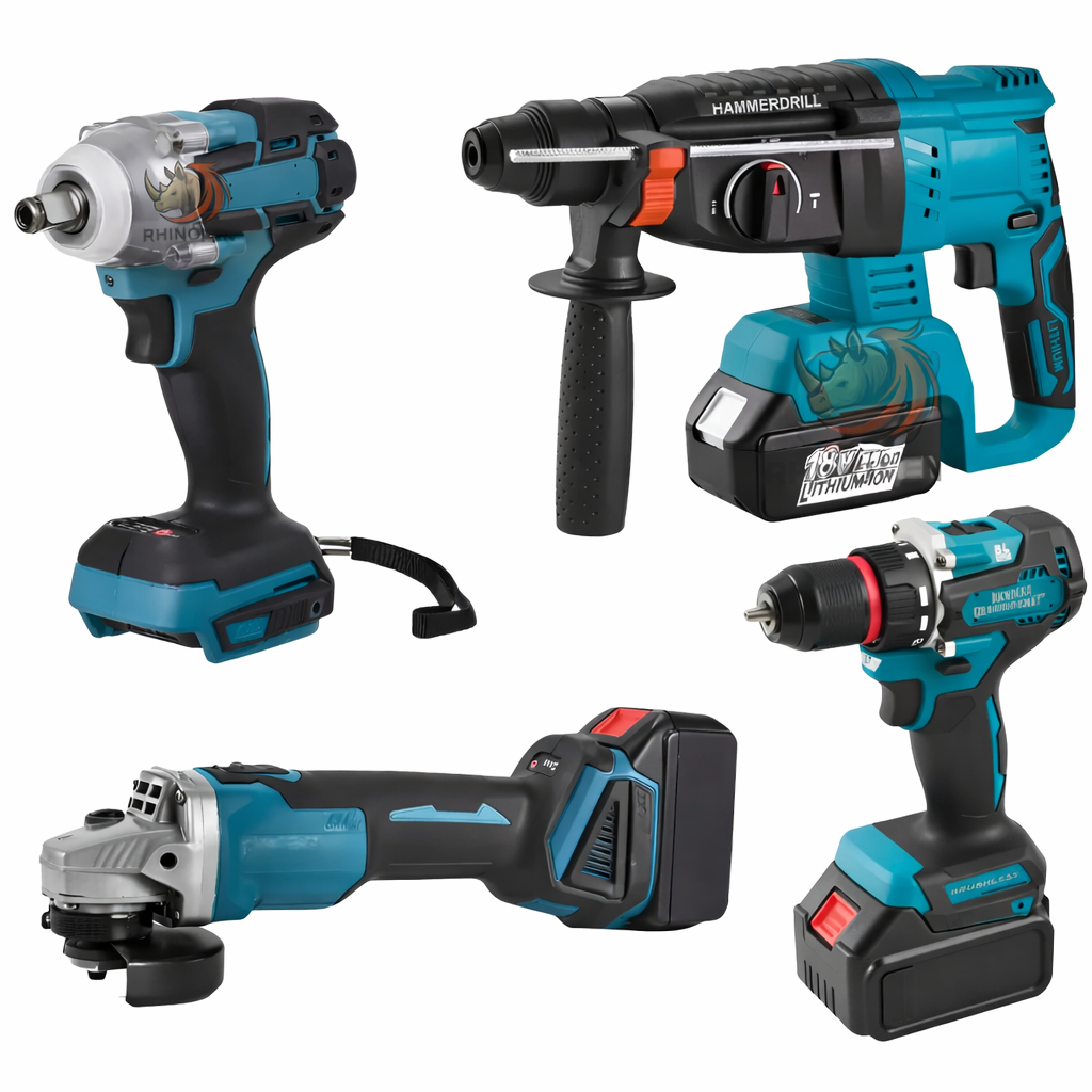 Set 4 Herramientas con 4 baterías de litio - Rotomartillo 3 función - Taladro 3/8 - Llave de impacto 1/2 con 350 Nm - Galletero de 5 Pulgadas.
