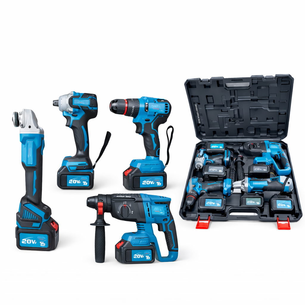 Set 4 Herramientas con 4 baterías de litio - Rotomartillo 3 función - Taladro 3/8 - Llave de impacto 1/2 con 350 Nm - Galletero de 5 Pulgadas.