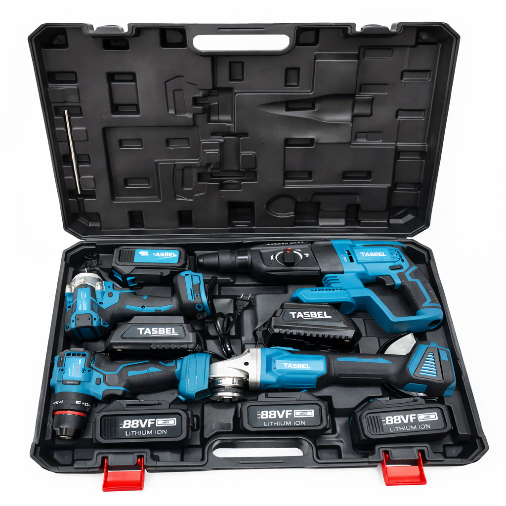Set 4 Herramientas con 4 baterías de litio - Rotomartillo 3 función - Taladro 3/8 - Llave de impacto 1/2 con 350 Nm - Galletero de 5 Pulgadas.