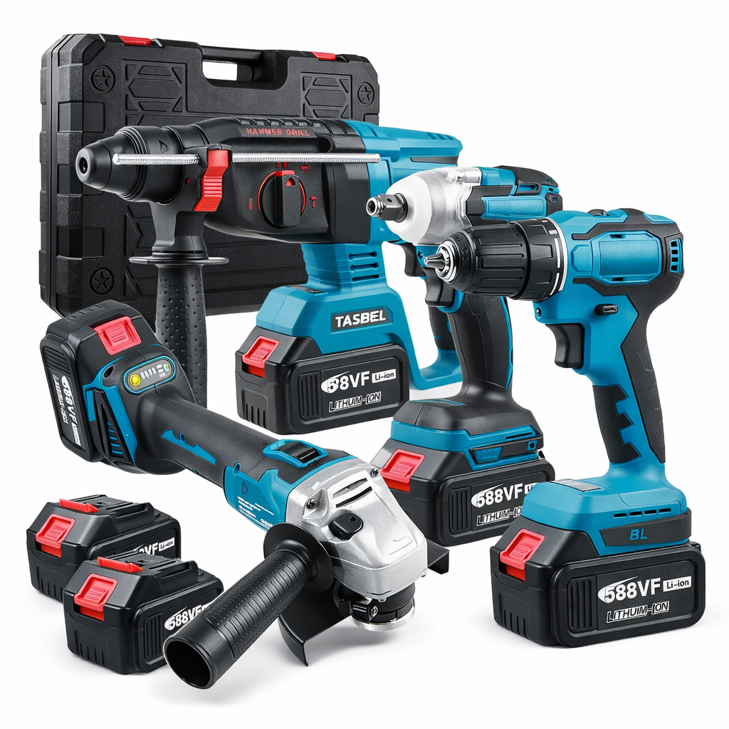 Set 4 Herramientas con 4 baterías de litio - Rotomartillo 3 función - Taladro 3/8 - Llave de impacto 1/2 con 350 Nm - Galletero de 5 Pulgadas.