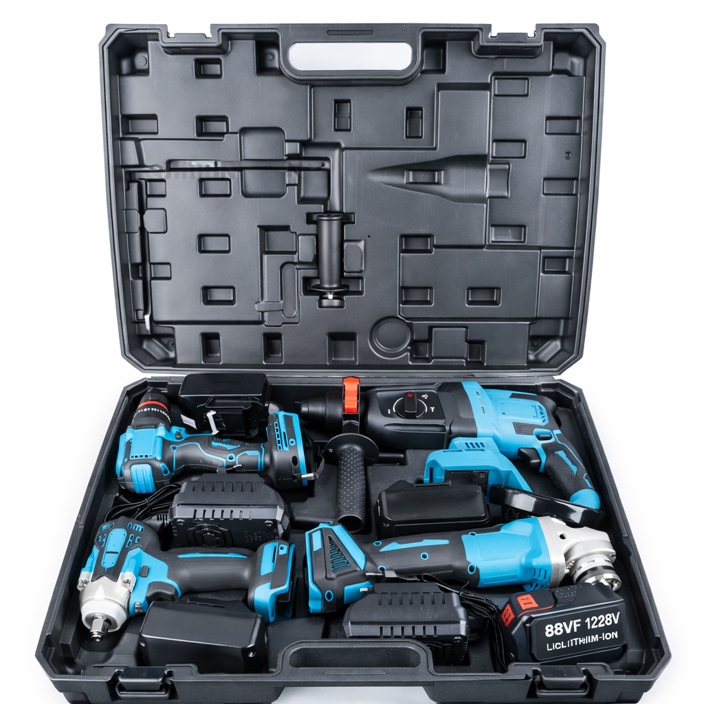 Set 4 Herramientas con 4 baterías de litio - Rotomartillo 3 función - Taladro 3/8 - Llave de impacto 1/2 con 350 Nm - Galletero de 5 Pulgadas.