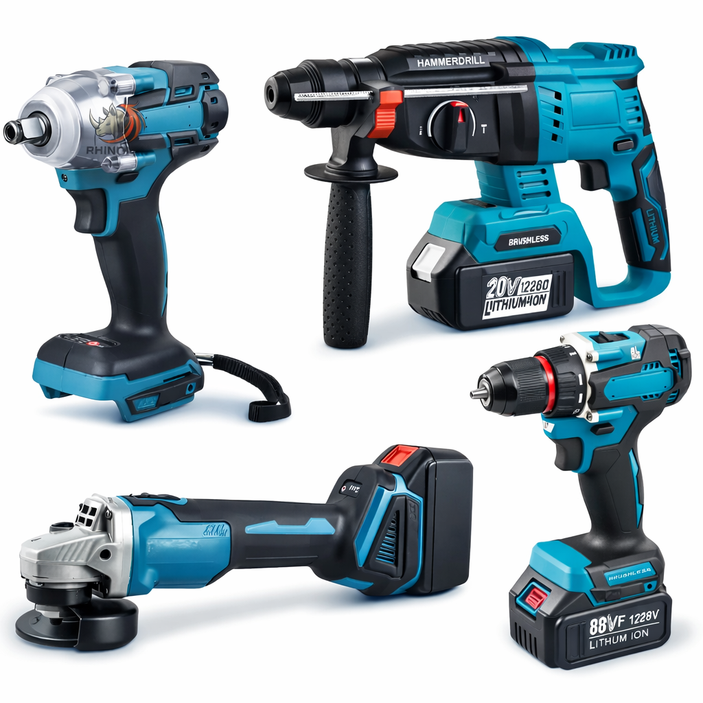 Set 4 Herramientas con 4 baterías de litio - Rotomartillo 3 función - Taladro 3/8 - Llave de impacto 1/2 con 350 Nm - Galletero de 5 Pulgadas.