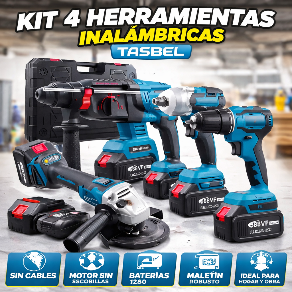 Set 4 Herramientas con 4 baterías de litio - Rotomartillo 3 función - Taladro 3/8 - Llave de impacto 1/2 con 350 Nm - Galletero de 5 Pulgadas.