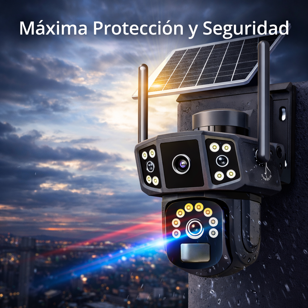 Cámara de Seguridad con panel Solar  - 2 lentes y visión nocturna a color PTZ 360 WiFi