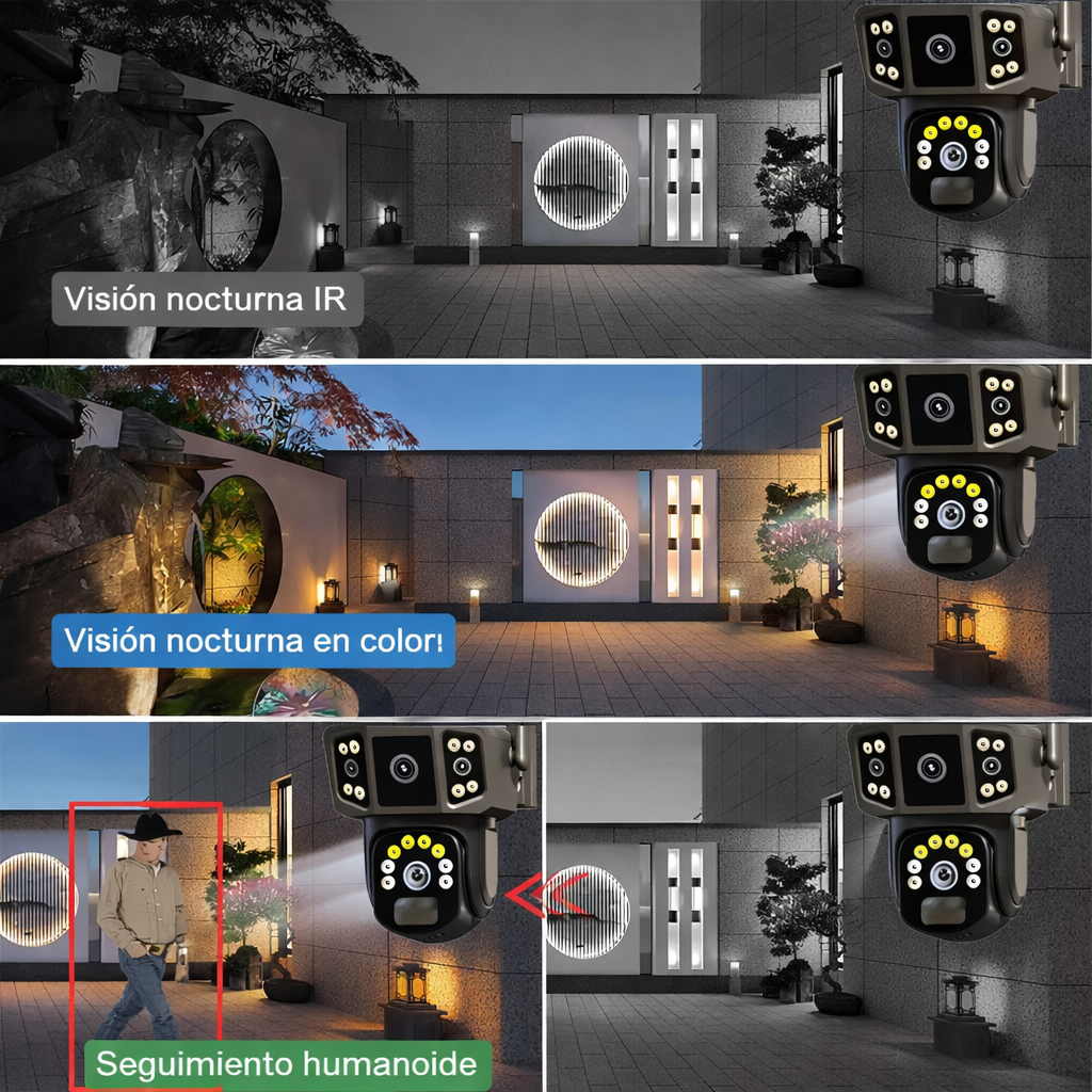 Cámara de Seguridad con panel Solar  - 2 lentes y visión nocturna a color PTZ 360 WiFi