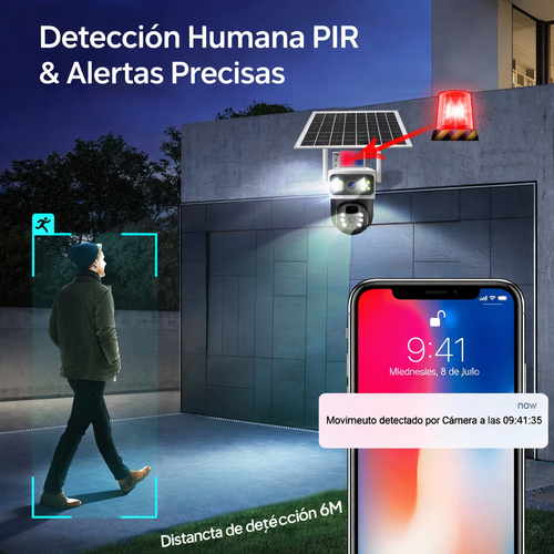 Cámara de Seguridad con panel Solar  - 2 lentes y visión nocturna a color PTZ 360 WiFi