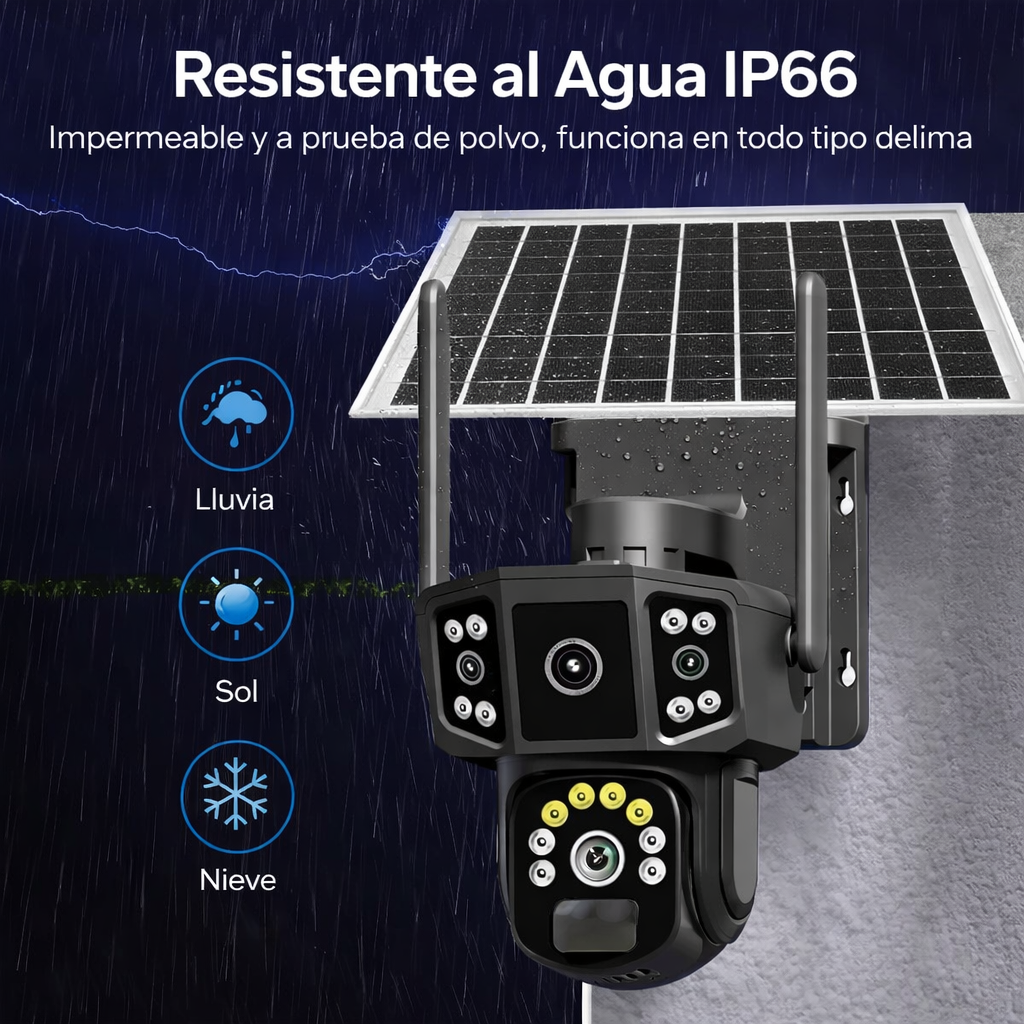 Cámara de Seguridad con panel Solar  - 2 lentes y visión nocturna a color PTZ 360 WiFi