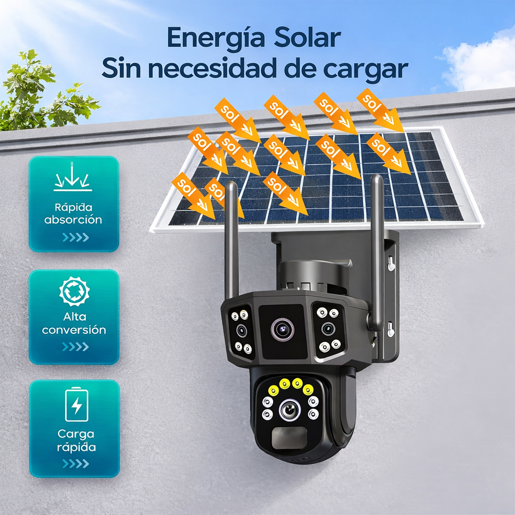 Cámara de Seguridad con panel Solar  - 2 lentes y visión nocturna a color PTZ 360 WiFi
