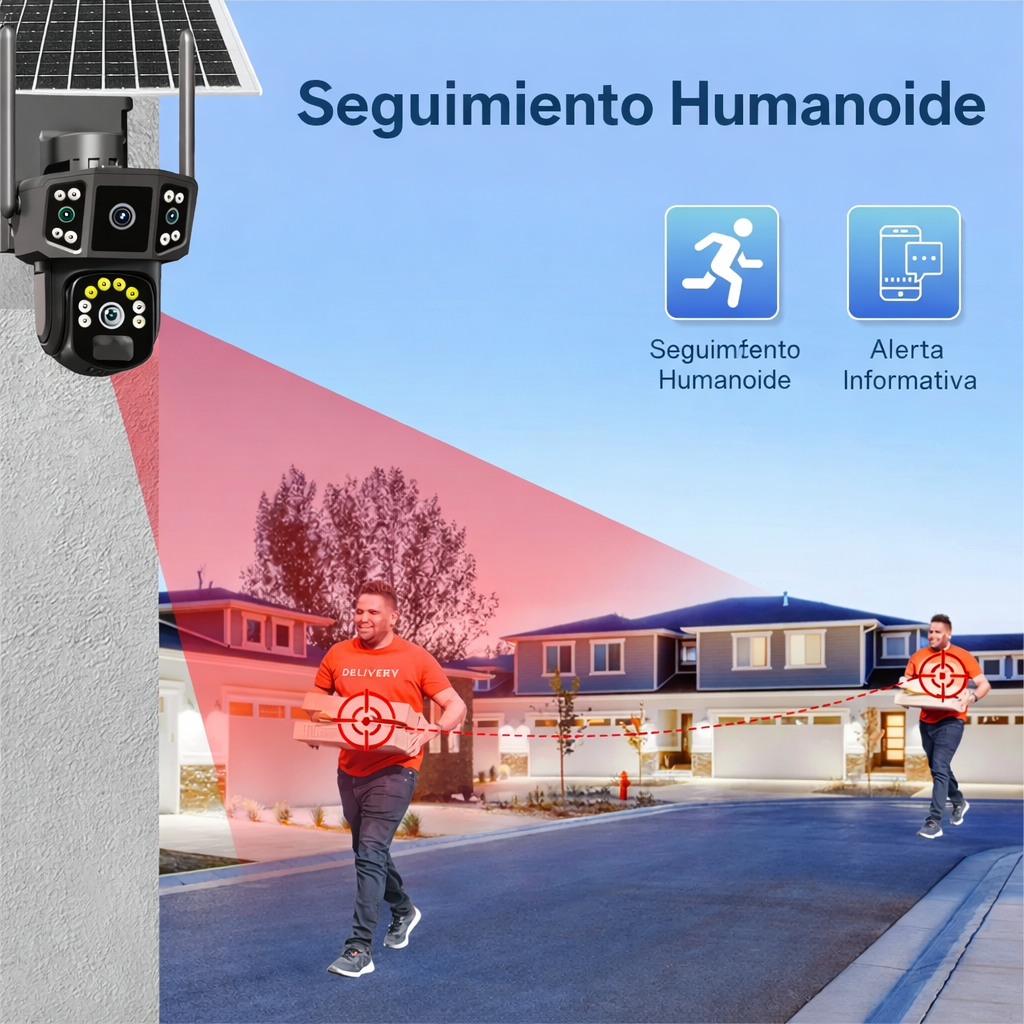 Cámara de Seguridad con panel Solar  - 2 lentes y visión nocturna a color PTZ 360 WiFi