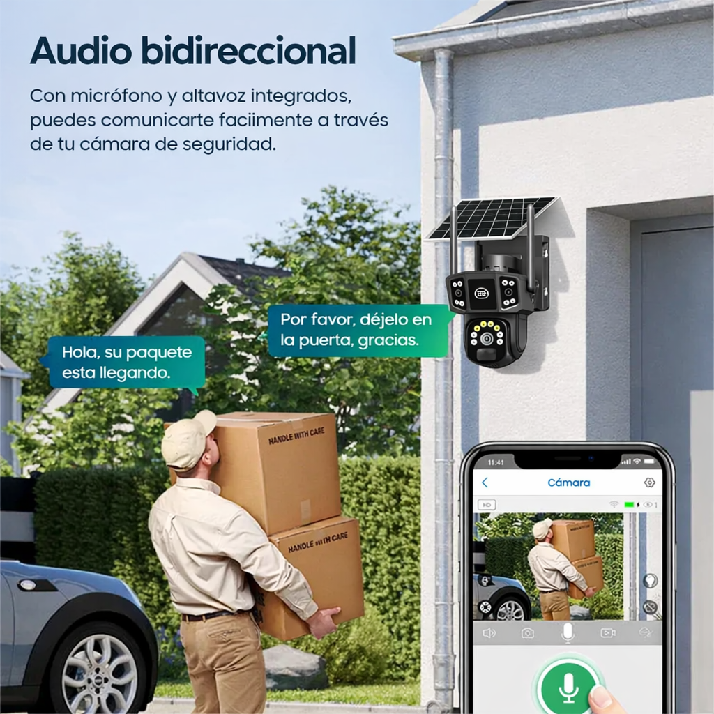 Cámara de Seguridad con panel Solar  - 2 lentes y visión nocturna a color PTZ 360 WiFi
