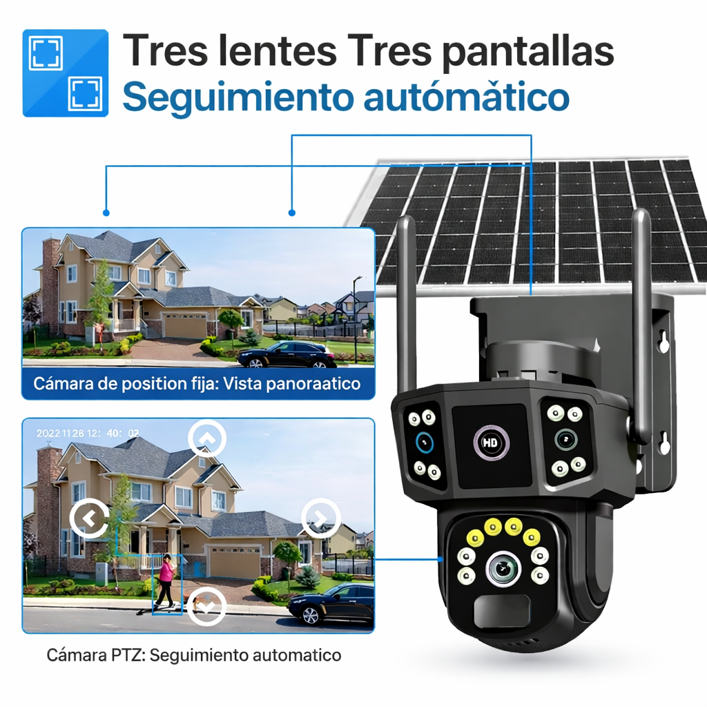 Cámara de Seguridad con panel Solar  - 2 lentes y visión nocturna a color PTZ 360 WiFi