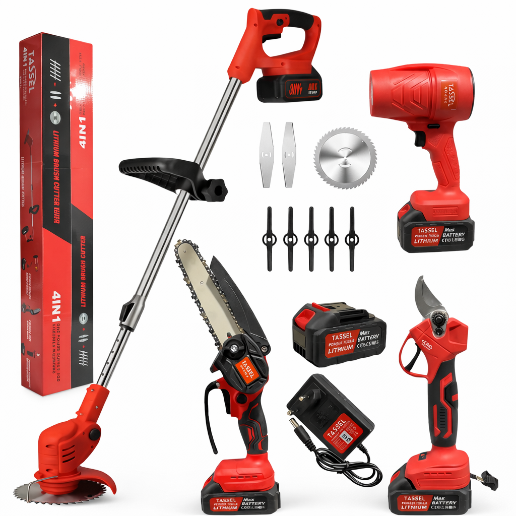 Set 4 Herramientas Jardin Rojo Tasbel - Cortador de cesped + Tijera para podar + Soplador + Sierra
