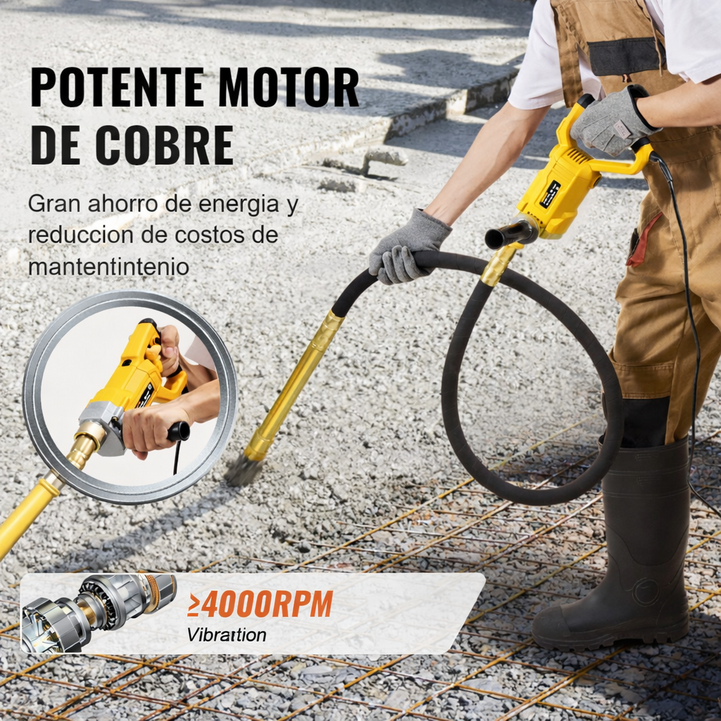 Vibrador de concreto y Hormigón de 800 Watts. Manguera de 1 metro / Deja el Concreto firme y compacto