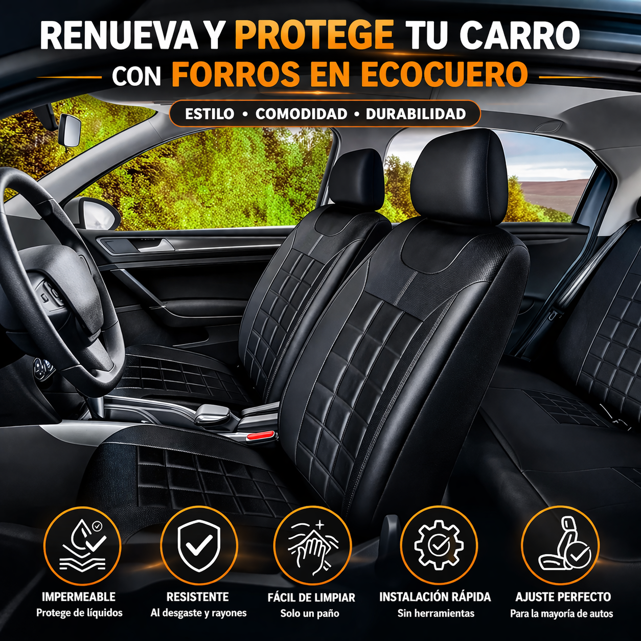 🧰 FORRO CUBRE ASIENTOS AUTO EN ECOCUERO Negros – PROTECCIÓN Y ESTILO 360°