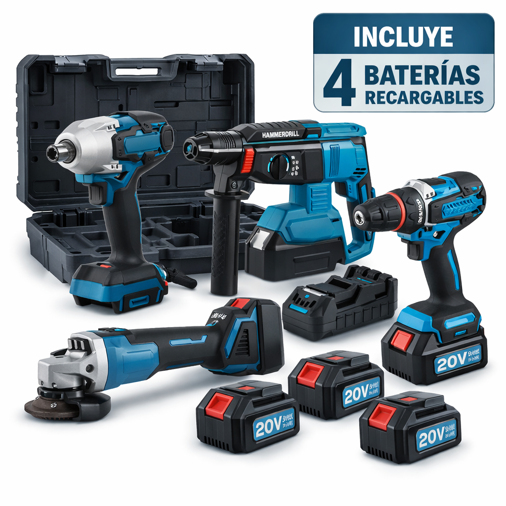 Set 4 Herramientas con 4 baterías de litio - Rotomartillo 3 función - Taladro 3/8 - Llave de impacto 1/2 con 350 Nm - Galletero de 5 Pulgadas.