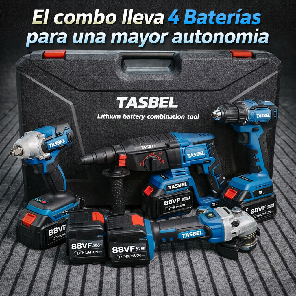 Set 4 Herramientas con 4 baterías de litio - Rotomartillo 3 función - Taladro 3/8 - Llave de impacto 1/2 con 350 Nm - Galletero de 5 Pulgadas.