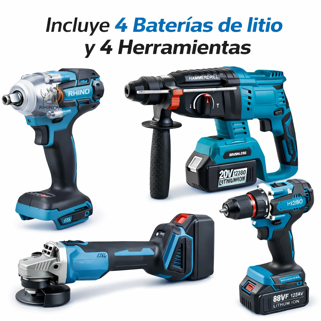 Set 4 Herramientas con 4 baterías de litio - Rotomartillo 3 función - Taladro 3/8 - Llave de impacto 1/2 con 350 Nm - Galletero de 5 Pulgadas.