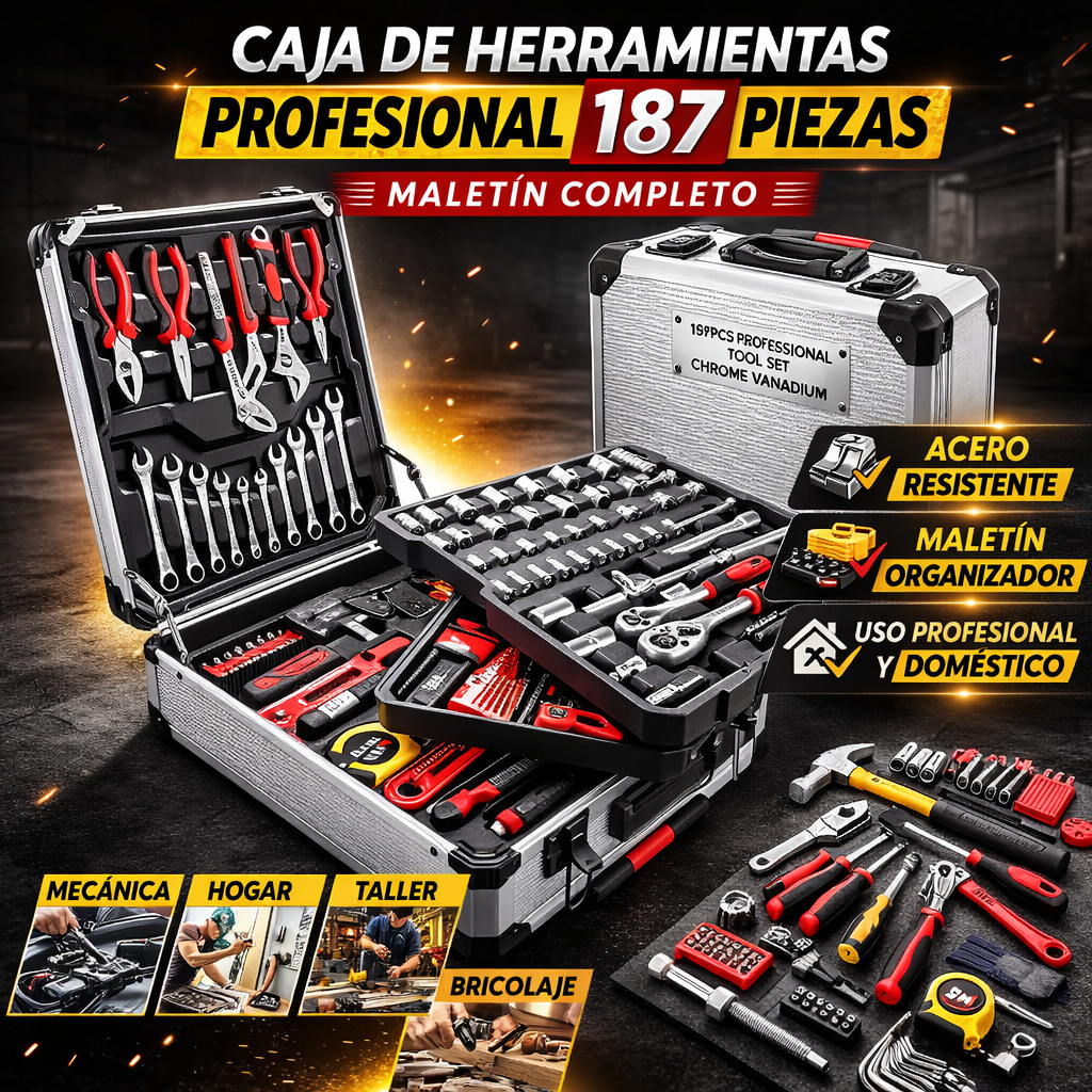 🧰 Caja de Herramientas Profesional 187 Piezas con Maletín