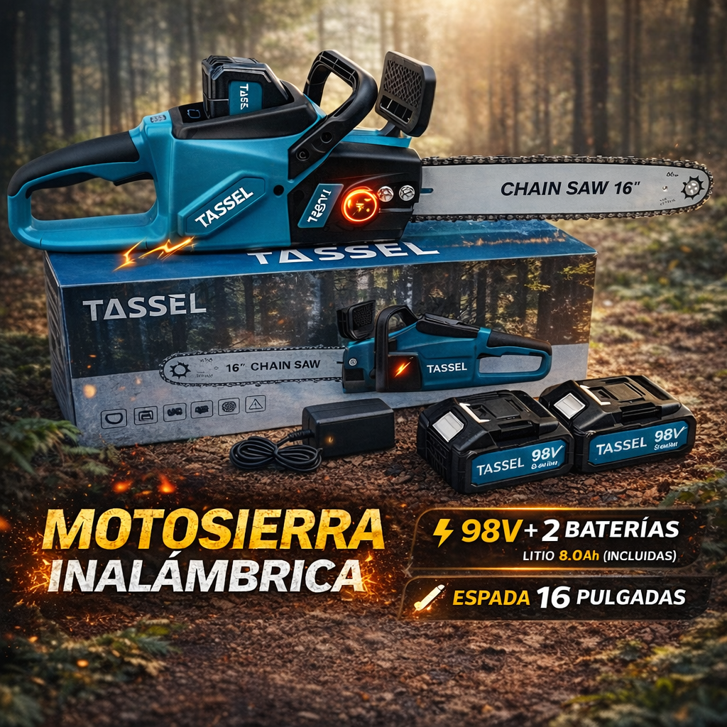 Motosierra Inalámbrica 16” 98V con 2 Baterías – Potencia y libertad para cortar madera