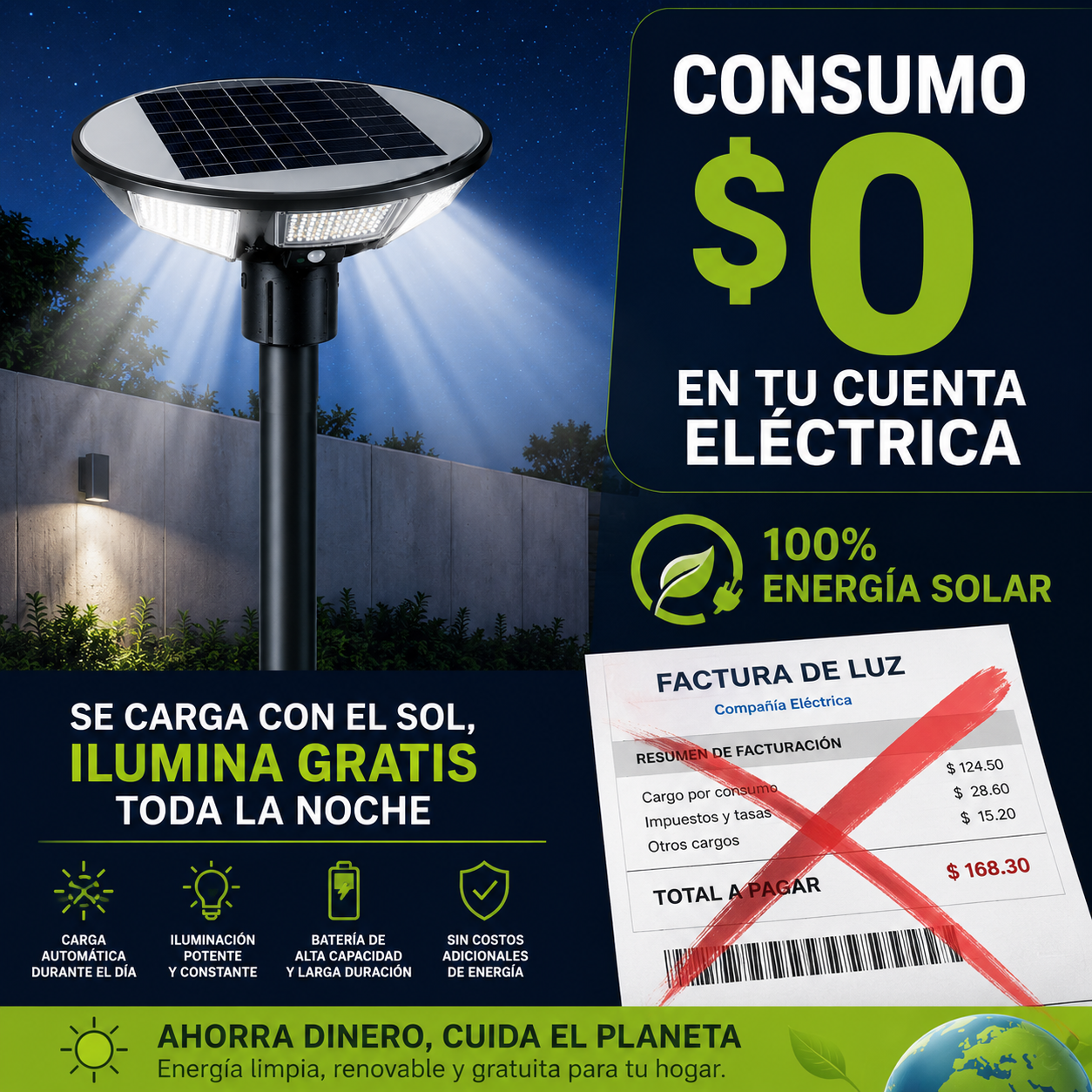 FOCO SOLAR LED UFO 500W CON SOPORTE