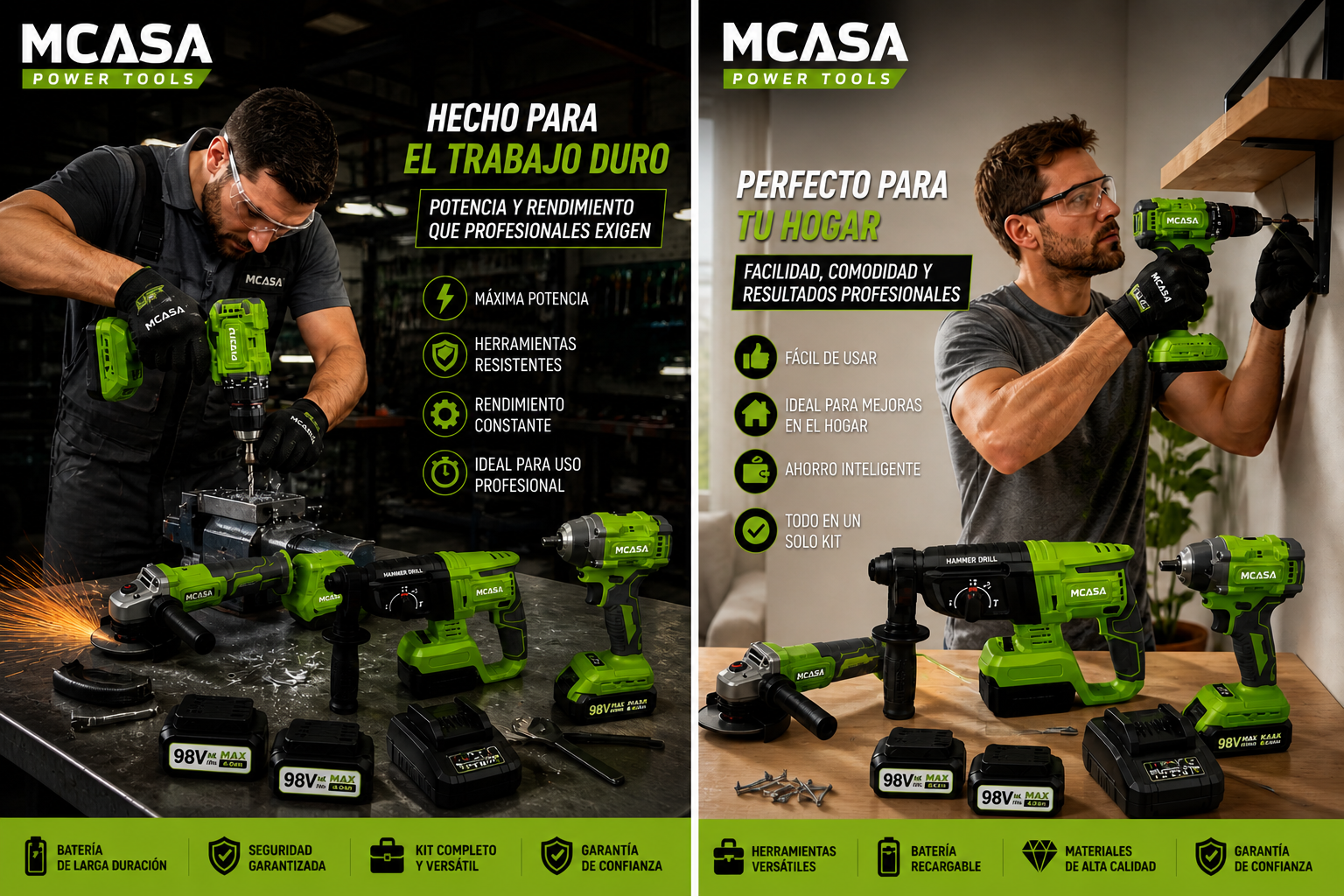Set De 4 Herramientas Mcasa: Taladro Brushless + Esmeril angular 4.5”  + Rotomartillo Brushless + Llave de impacto 1/2” (500Nm)