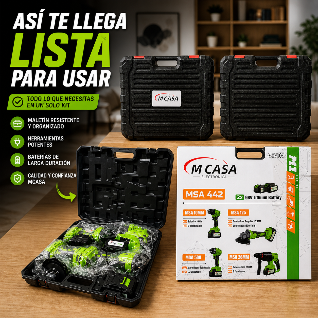 Set De 4 Herramientas Mcasa: Taladro Brushless + Esmeril angular 4.5”  + Rotomartillo Brushless + Llave de impacto 1/2” (500Nm)