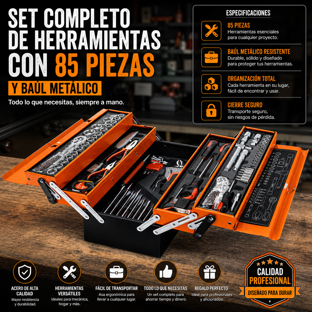 CAJA DE HERRAMIENTAS 85 PIEZAS – 5 NIVELES - PROFESIONAL