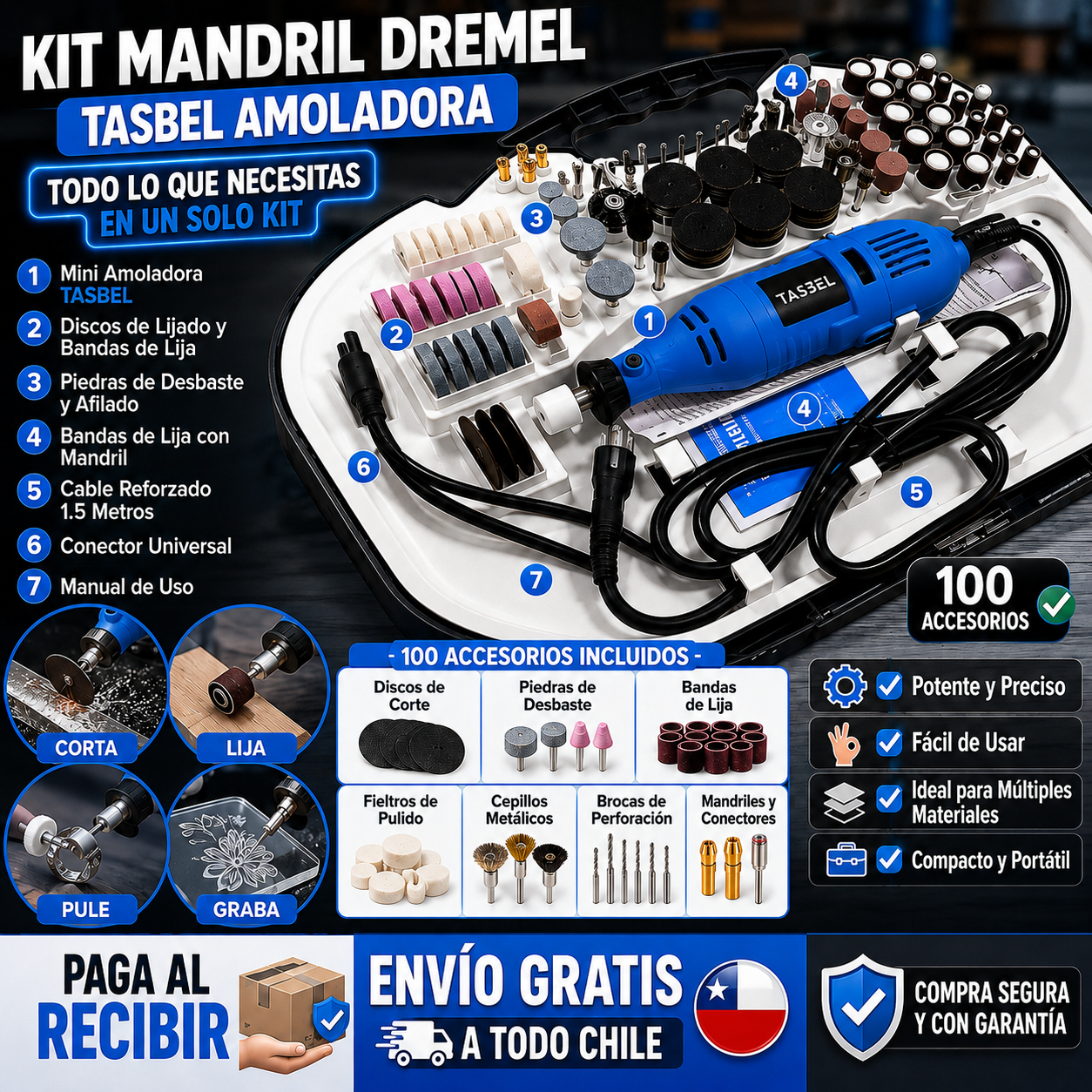 KIT MANDRIL DREMEL TASBEL AMOLADORA – POTENCIA Y PRECISIÓN EN UN SOLO KIT