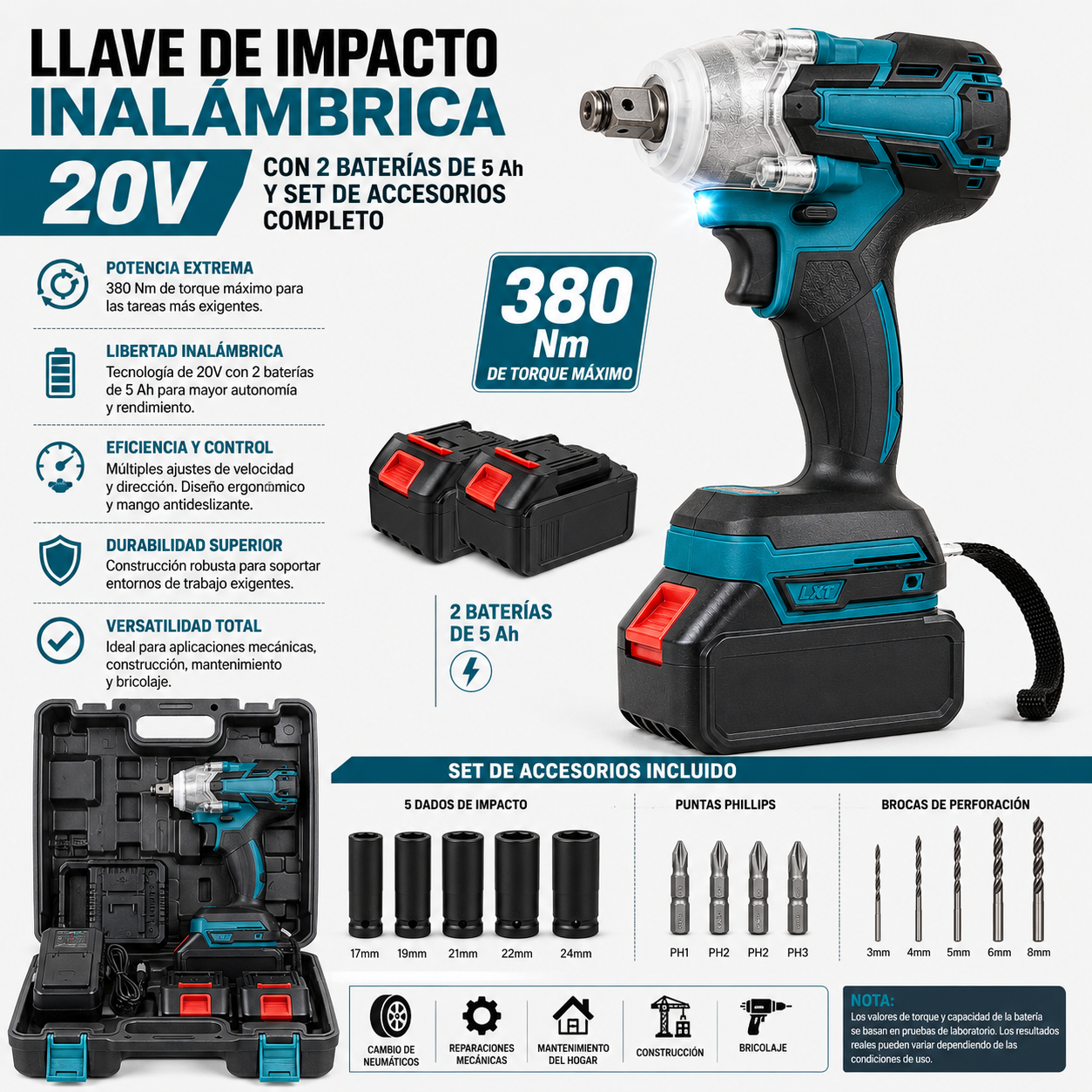 🔥 Llave Taladro Impacto Inalámbrica 20V – 1/2 Motor Brushless - 300 NM